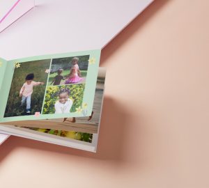 Photo book open showing family photos