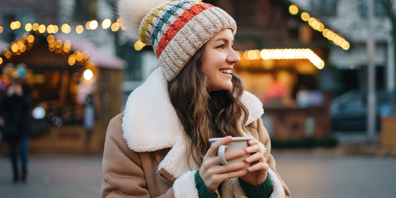 Woman in a fluffy coat and hat holding a mug at a Christmas market, with festive lights and cabins in the background, illustrating Photobox’s guide to the best Christmas markets in Europe.