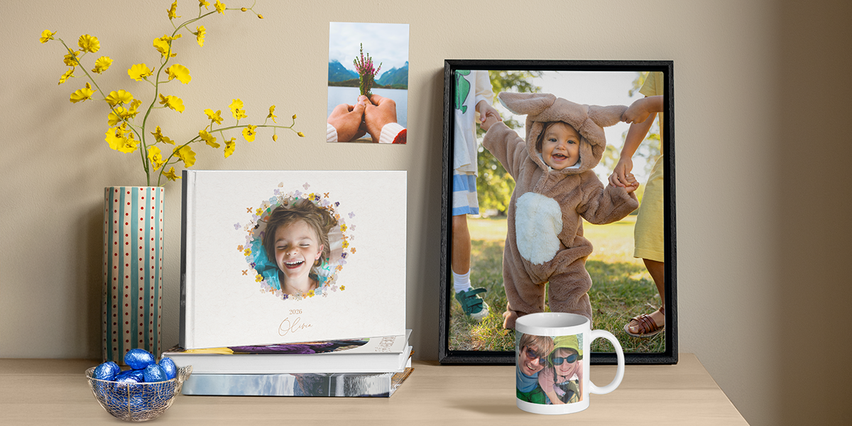 A header image showing a selection of personalised Easter gifts including a mug, a photobook, photo prints and wall art, providing inspiration for unique photo gifts for Easter from Photobox.