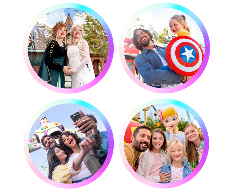 An image showing the themed worlds of the new Adventureland park at Disneyland Paris, representing magic, adventure, friendship and family through enchanting scenery, exciting journeys, joyful moments with friends and treasured family memories.