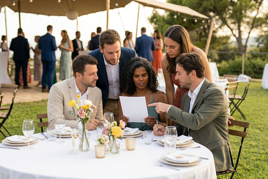 Wedding guests in formal dress gathered around a table outdoors looking at a wedding word search, inspiring Photobox wedding games and fun wedding games for guests.