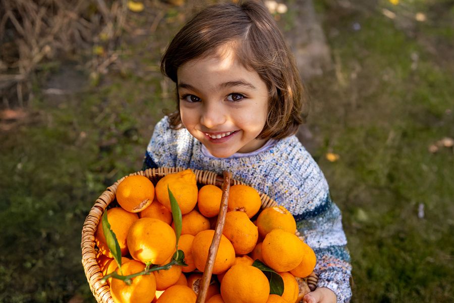 A young girl standing in bright sunlight holding a bowl of oranges, illustrating the challenge of taking photos in the midday sun.