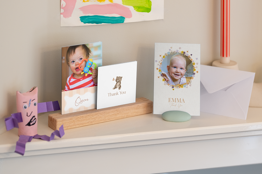 A selection of personalised Photobox thank you cards for nursery teachers, featuring toddler and baby photos.