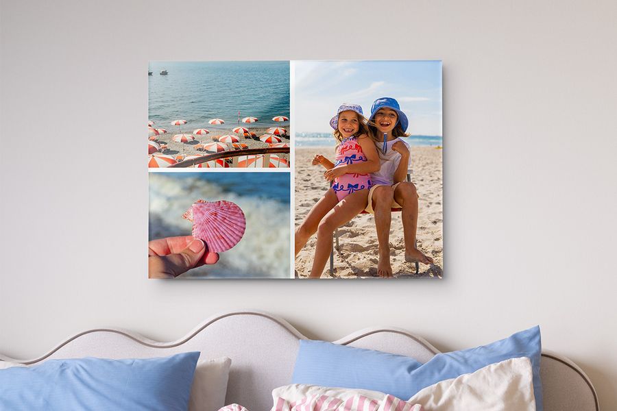 A framed photo collage in a bedroom shows beach-inspired images including seashells, two girls smiling on the beach and parasols by the sea, inspiring indoor summer decorating ideas and summer bedroom decor.