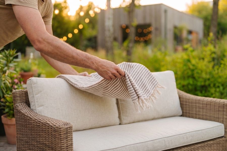 Someone drapes a lightweight throw over an outdoor garden sofa, inspiring outdoor decorating ideas for summer and a relaxed, sun-soaked garden setup.