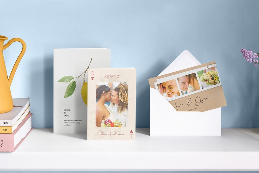 A selection of different Photobox wedding cards in a range of wedding design styles, illustrating how to choose personalised wedding stationery inspired by 2026 wedding trends.