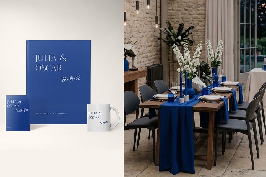 Photobox typographic minimalist wedding designs are shown beside a wedding photo that matches the aesthetic, highlighting bold typography, minimalist wedding design and 2026 wedding trends.