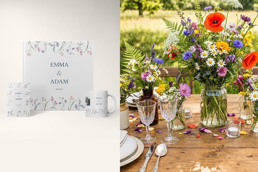 Photobox soft botanical wedding designs are displayed beside a floral wedding table arrangement, highlighting delicate wildflowers, soft palettes and 2026 wedding trends.