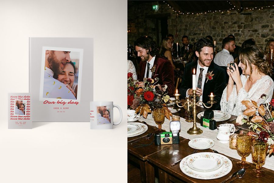 Photobox scripted editorial wedding designs are shown beside a classy dark evening reception, highlighting cinematic wedding style, editorial details and 2026 wedding trends.