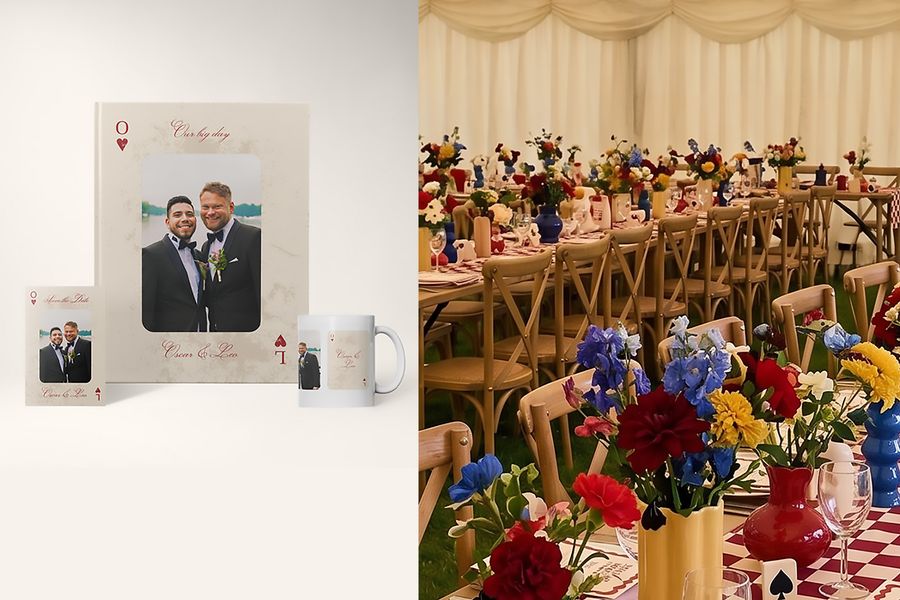 Photobox modern groovy wedding designs are shown beside set wedding tables, highlighting playful retro details, bold colour and 2026 wedding trends.