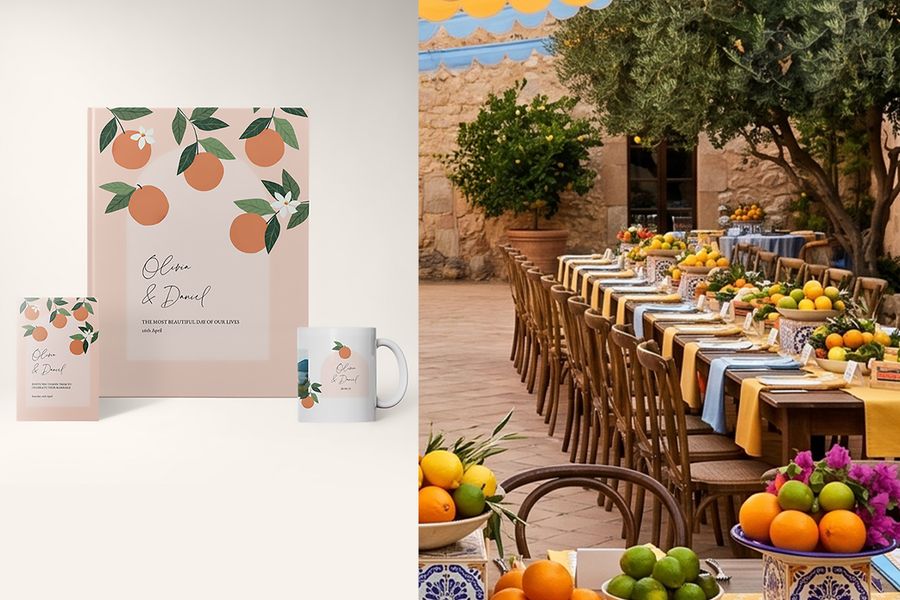 Photobox modern orchard wedding designs are shown beside fruit-filled wedding table arrangements and lemon trees, highlighting Mediterranean styling, citrus details and 2026 wedding trends.