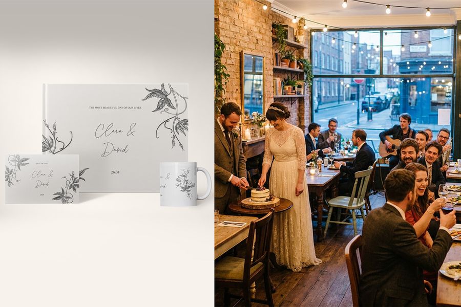 Photobox Ink & Ivy whimsical storyboard wedding designs are shown on a photo book, card and mug beside a casual wedding reception with the couple cutting their cake, highlighting fine-line illustrations, hand-drawn details and 2026 wedding trends.