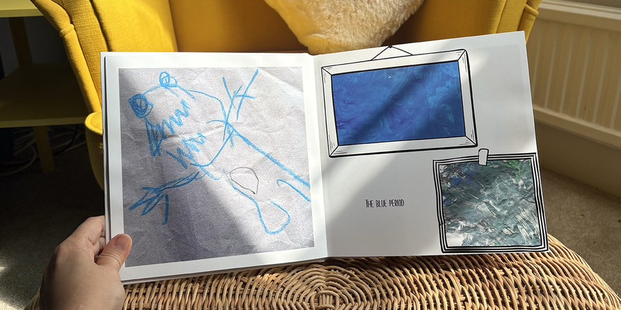 An open children's photo book shows a full-page monster drawing on the left and two children's artworks with captions and decorative borders on the right, illustrating Photobox's layout ideas for a children's photo album.