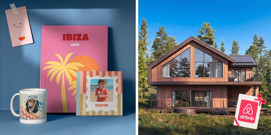 A selection of personalised Photobox products, including photo books and a mug, is displayed beside a beautiful house, representing the prizes in the Photobox Summer Photo Contest, including Airbnb vouchers.