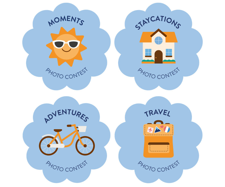 Four illustrated icons representing the weekly themes of the Photobox Summer Photo Contest: a sun for Summer Moments, a house for Summer Staycations, a bike for Summer Adventures, and a backpack for Summer Travel.