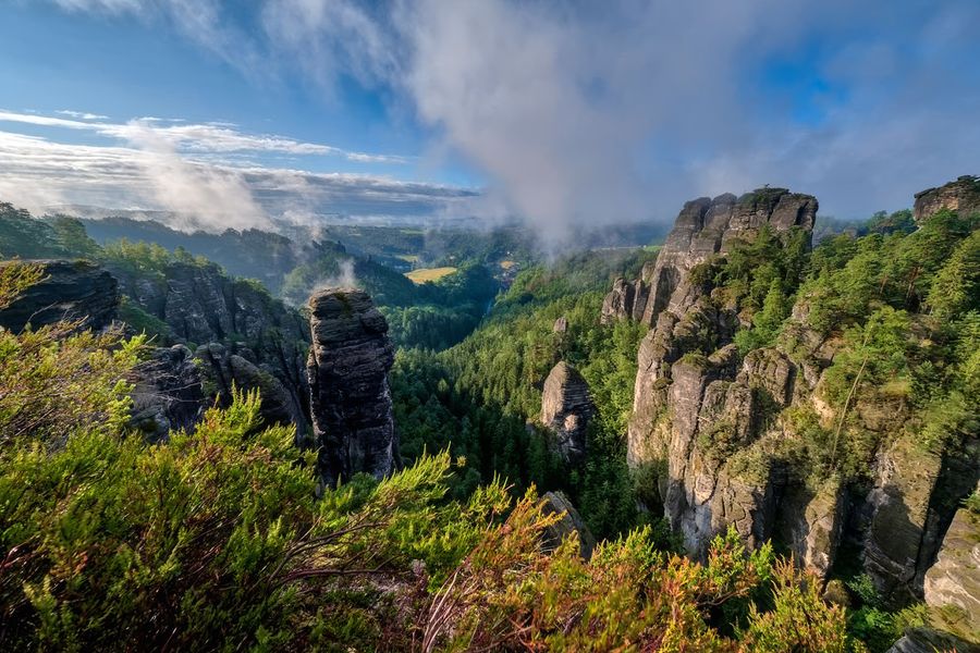 Bizarre sandstone pillars rise above misty green forests near the historic Bastei Bridge at Saxon Switzerland National Park in Germany, one of the best national parks Germany has to offer featured in Photobox's guide.