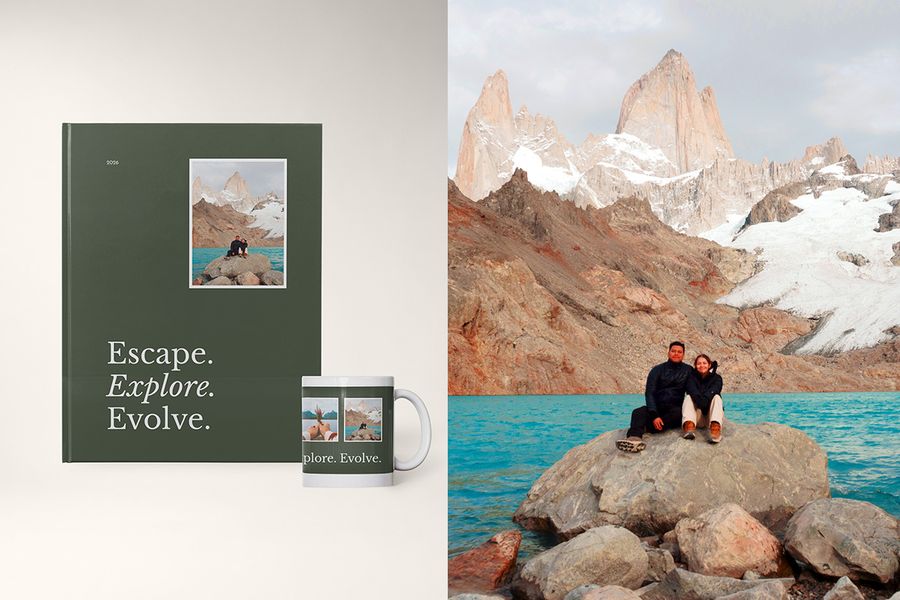 A photo book and mug in the Editorial Earth design from Photobox, next to an image of a couple on a rock with mountains and water behind them, featuring bold cover typography and natural colours.