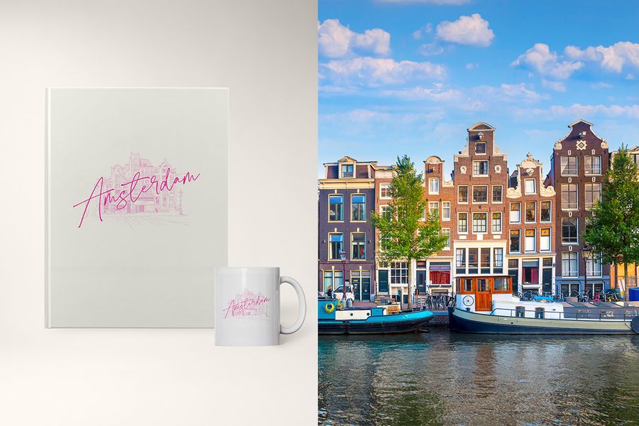 A photo book and mug titled 'Amsterdam' feature a sketch illustration of the city, showcasing Photobox's City Sketch design with original line art and destination-inspired colour palettes.