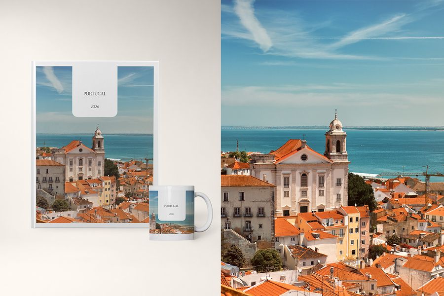 The Travel Chapter photo book design sits next to a matching mug from Photobox, featuring clean layouts and full-page photography for big landscapes and beautiful architecture.