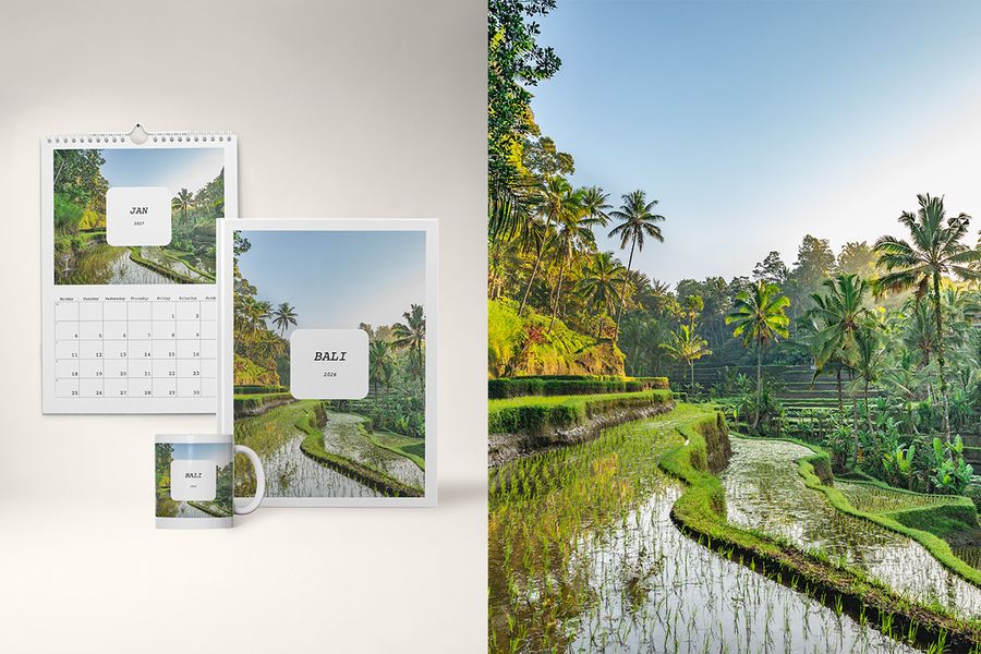 A photo book, calendar and mug in the Full Story design from Photobox, featuring bold layered typography and editorial layouts that read like a travel journal.