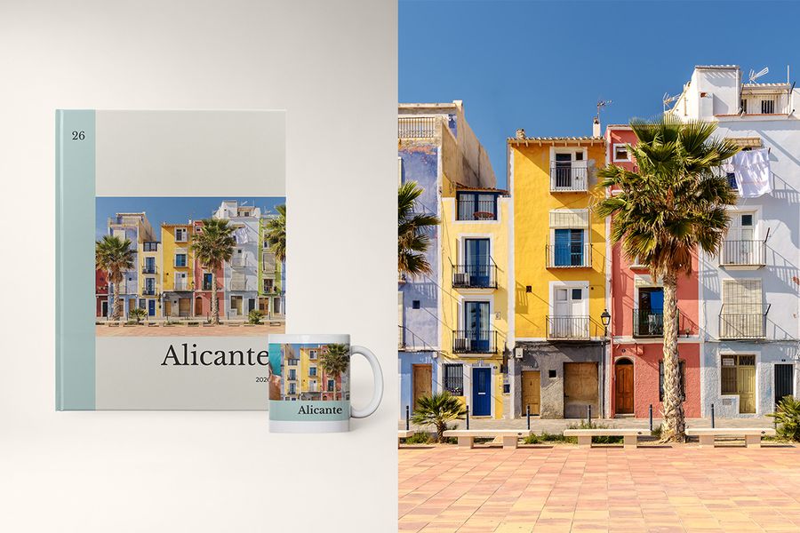 A photo book and mug in the Sights of the World design from Photobox, celebrating destinations through colour, typography and thoughtful organisation for building a travel library.