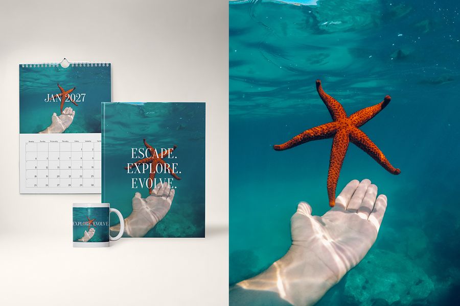 A photo book, mug and calendar in the Endless Escape design from Photobox, featuring an image of a hand reaching out to a starfish under the sea, ideal for beach holidays and island hopping.