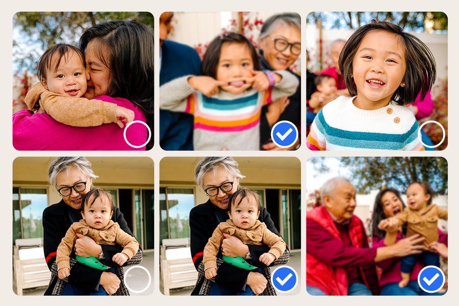 A collection of nearly identical photos shows multiple shots of the same family, illustrating Photobox's fastest wins for freeing up photo storage through culling duplicates.