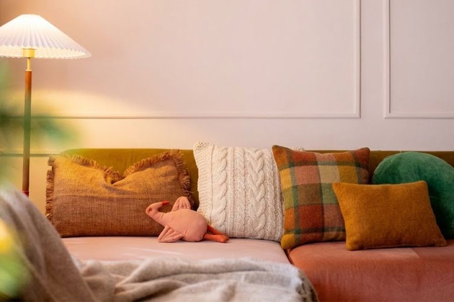 A cosy living room with a warm standing lamp next to a sofa layered with different cushions, including an orange gingham one and a green velvet one, in autumnal colours, illustrating Photobox's tips for avoiding common hygge styling mistakes with soft textures and warm lighting.