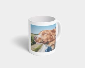 A photo mug featuring a photo of a dog