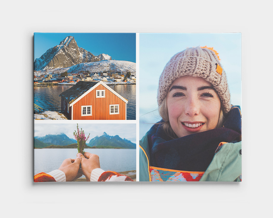 A canvas collage with two landscape images and a photo of a person smiling.
