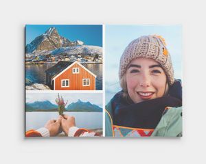 A canvas collage with two landscape images and a photo of a person smiling.