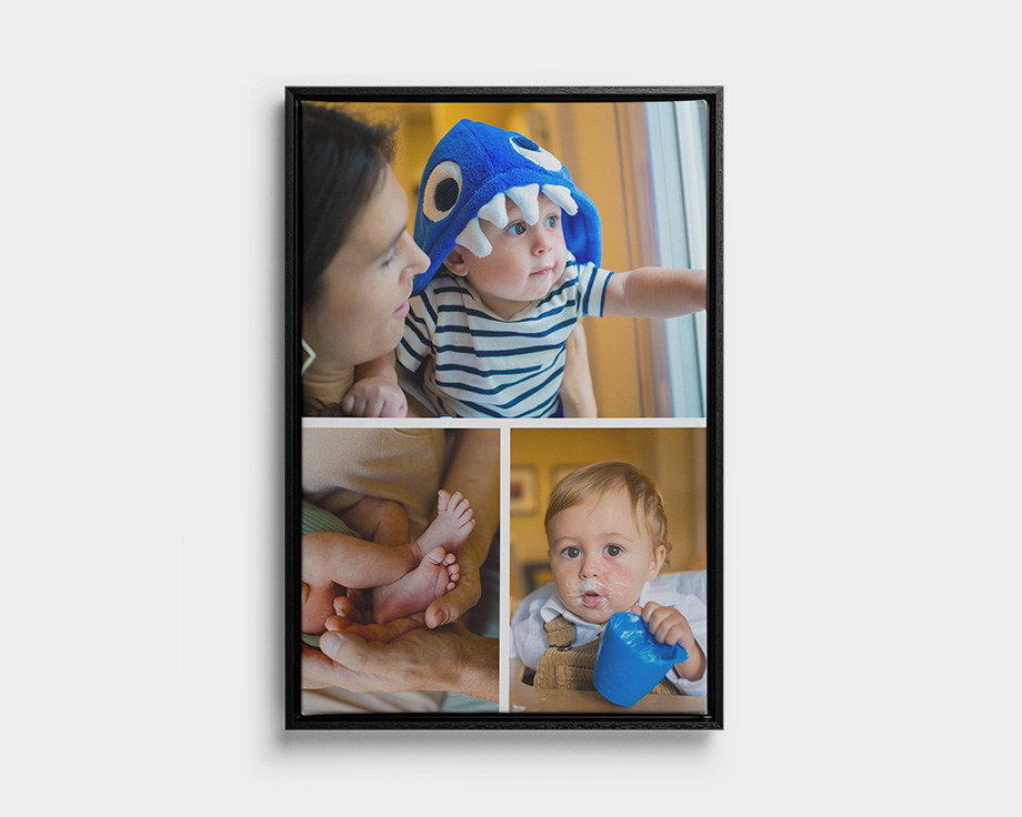 Framed collage canvas with three photos of a small child
