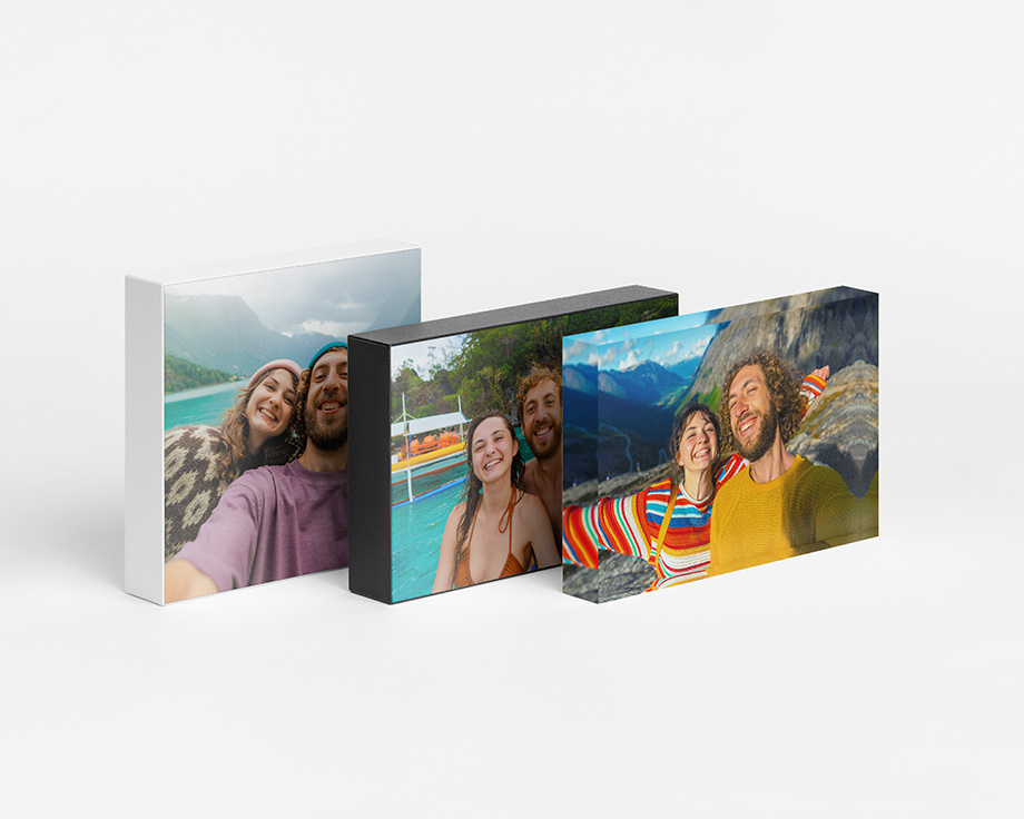 Three photo blocks featuring couple's travel selfies