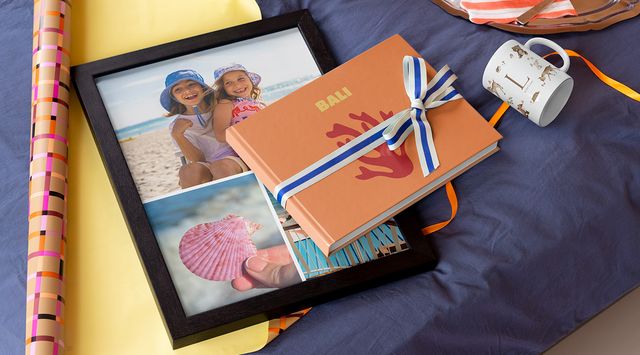 A range of new home gift ideas: personalised book, framed collage and a mug.