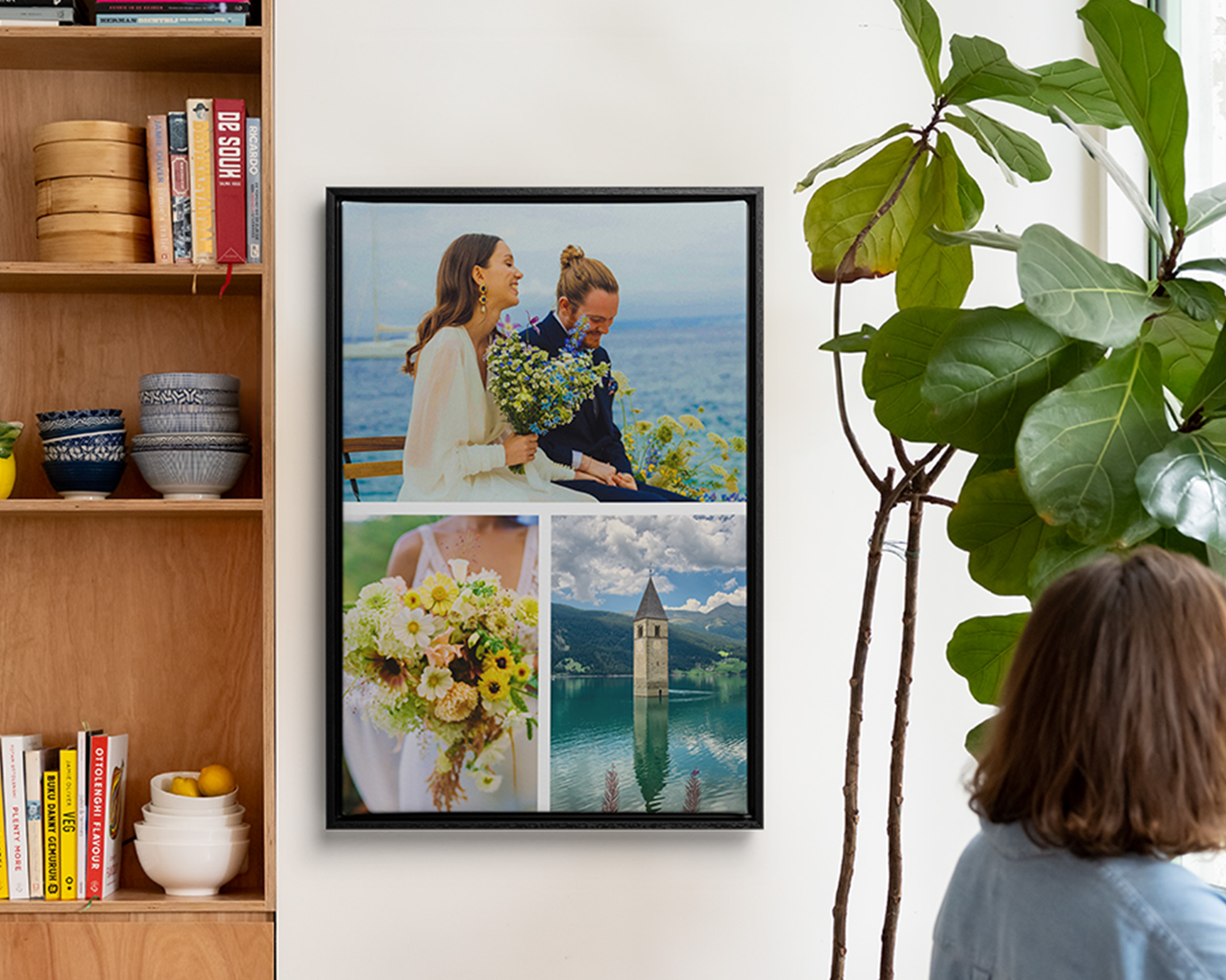 A framed wall art collage featuring three wedding photos.