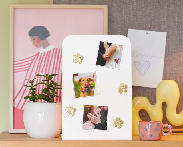 Three personalised photo magnets featuring wedding photos