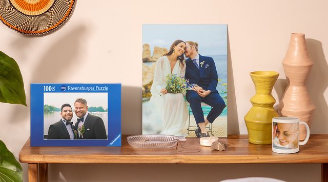 Personalised Photobox wedding presents: wall art, a mug and a puzzle.