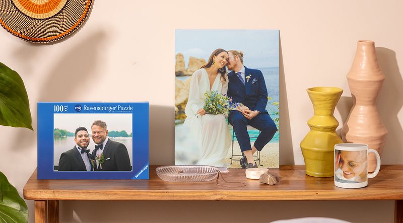 Personalised Photobox wedding presents: wall art, a mug and a puzzle.