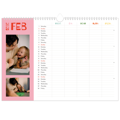 Family Planners A3 Landscape — Fun colourful you Planner - Family of 5 [February]