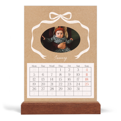 Easel Desk Calendar Portrait  — Kraft and bow [January]