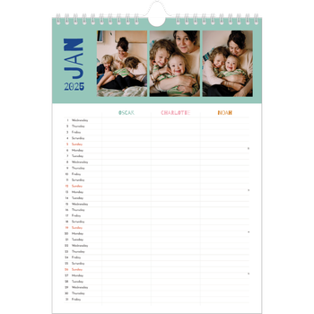 A4 Photo Calendar — Fun colourful you Planner - Family of 3