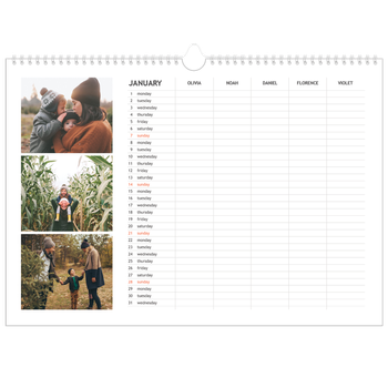 A3 Landscape Photo Calendar — Simple Planner - Family of 5