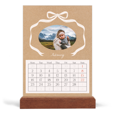 Easel Desk Calendar Portrait  — Kraft and bow [February]