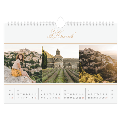 A4 Landscape Photo Calendar — Gold script banner [March]