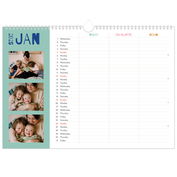 A3 Landscape Photo Calendar — Fun colourful you Planner - Family of 3